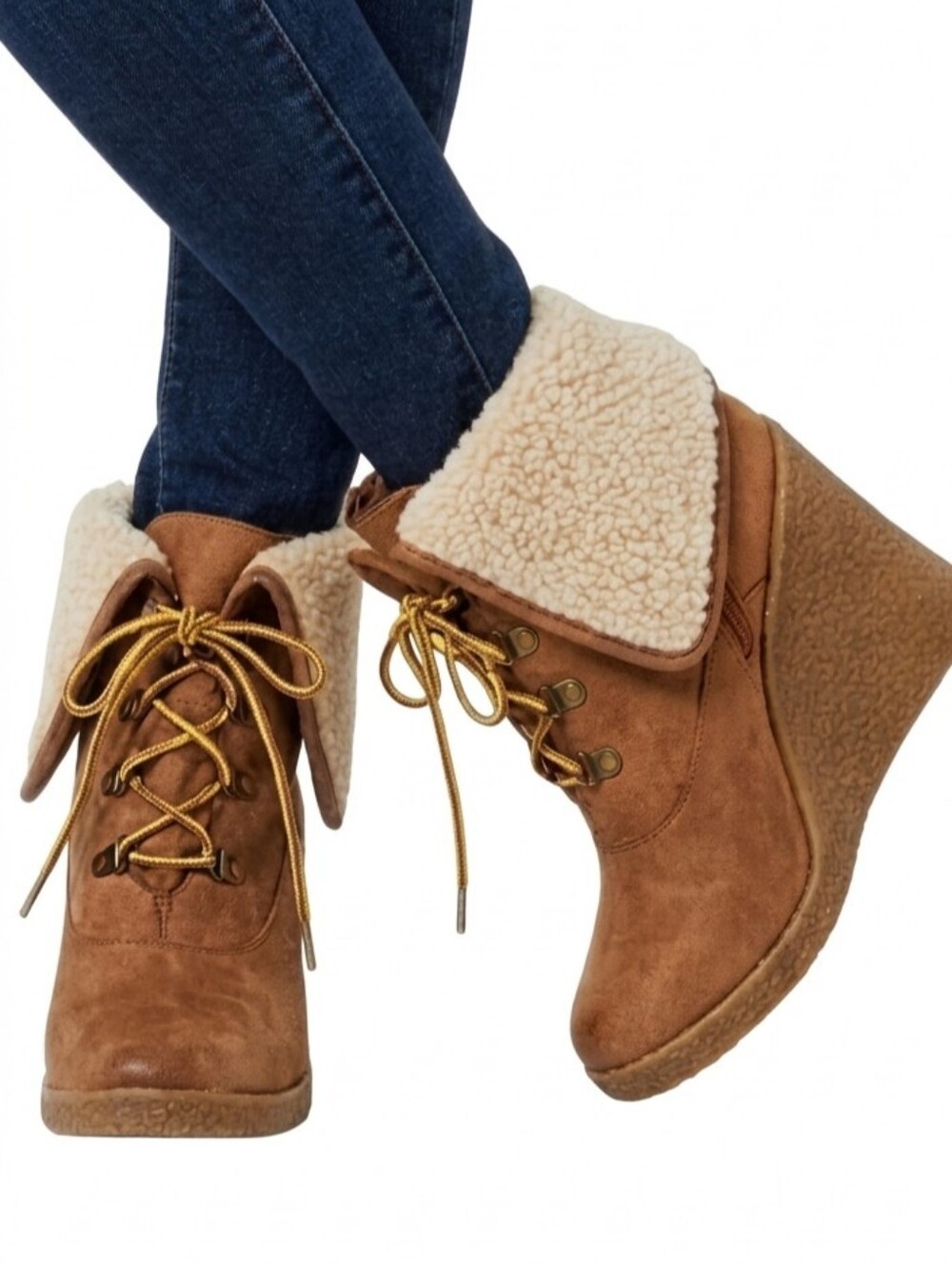 QUPID Camel Faux Suede Shearling Lace Up Wedge Booties Size 6.5 NIB